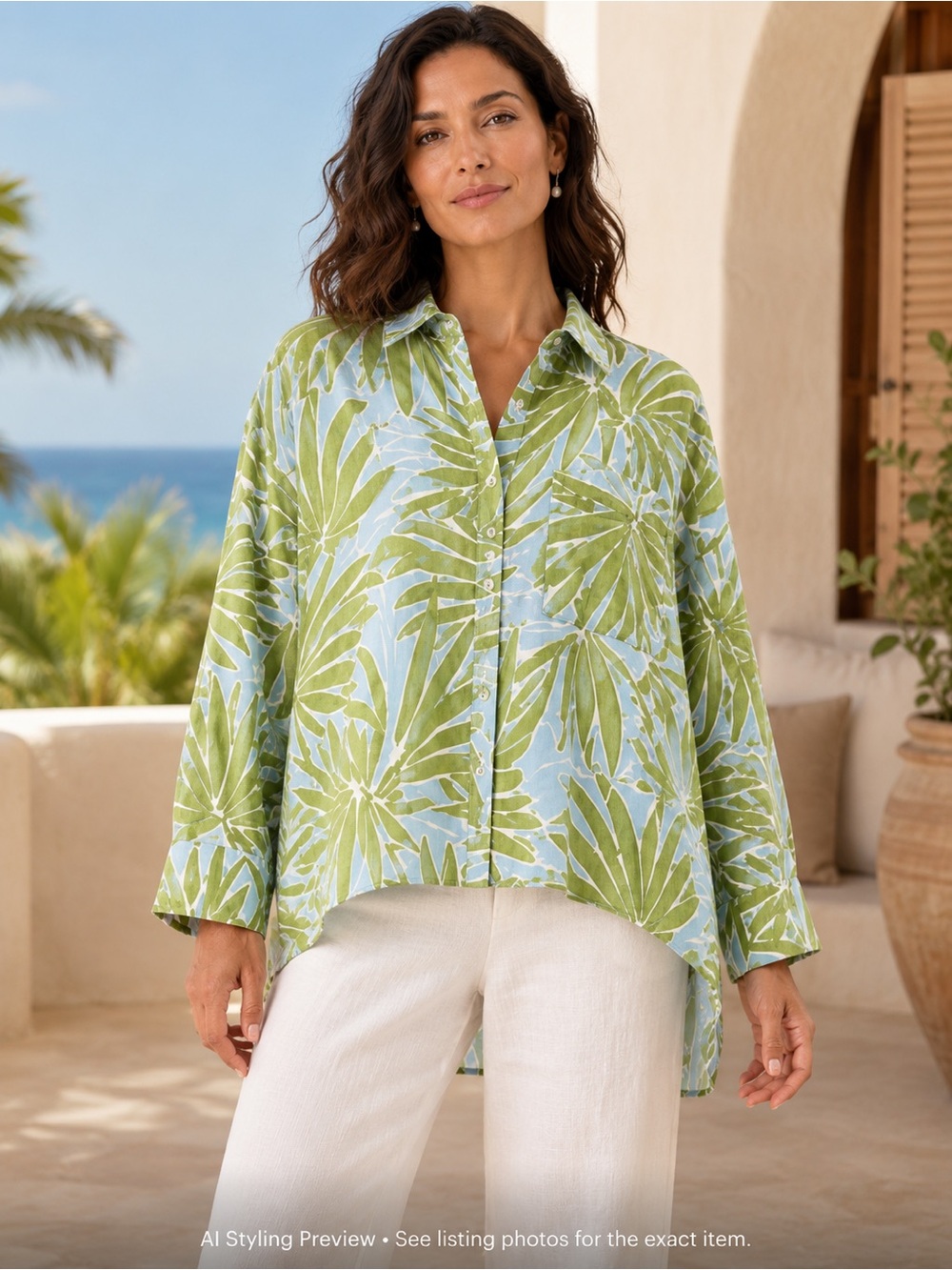 Sigrid Olsen M 100% Linen Palm Leaf Print Oversized Hi Low Shirt